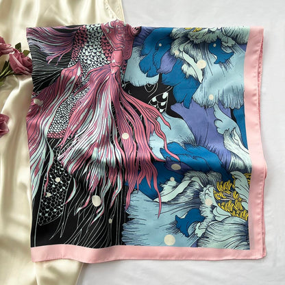35" Square Mulberry Silk Imitation Head Scarf for Women Satin Large Hair Scarves Neck Scarf