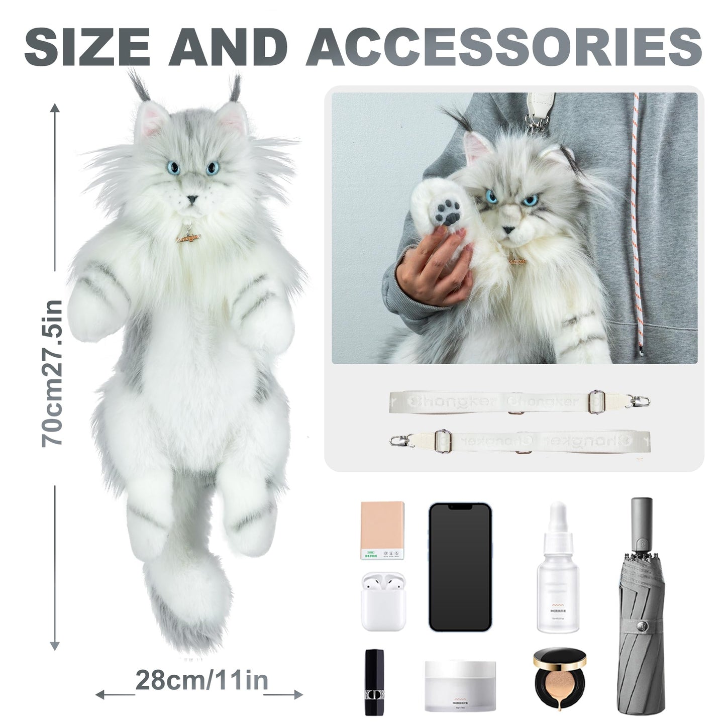 Chongker Cat Shaped Backpack - Handcrafted Stuffed Animals Plush Bag with Adjustable Shoulder, Crossbody, and Handbag Straps (MaineCoon Cat)