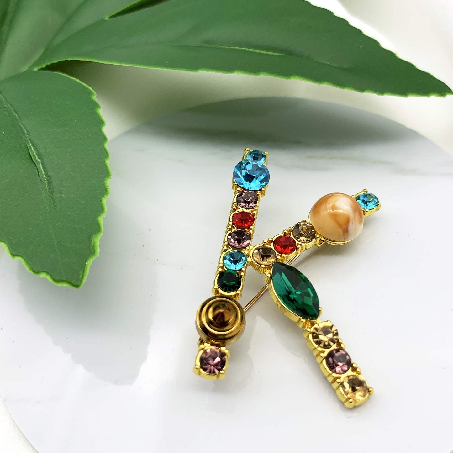 Initial Brooch A to Z 26 English Letters Plated Metal Stone Clear Colorful Crystal Lapel Pin Brooches Collar