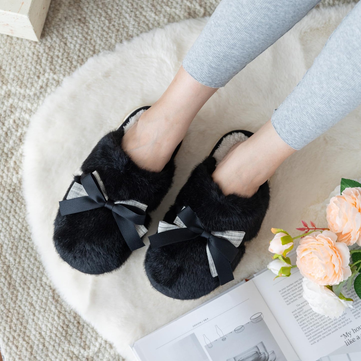 Cute Women's Memory Foam House Slippers - Fuzzy Plush Faux Fur Slippers with Bow Butterfly Tie - Anti-Skid Indoor/Outdoor Gifts for Women, Moms & Ladies