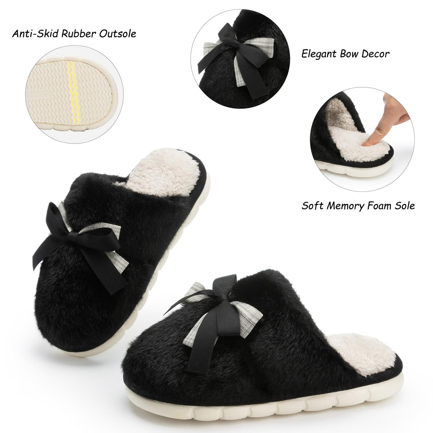 Cute Women's Memory Foam House Slippers - Fuzzy Plush Faux Fur Slippers with Bow Butterfly Tie - Anti-Skid Indoor/Outdoor Gifts for Women, Moms & Ladies