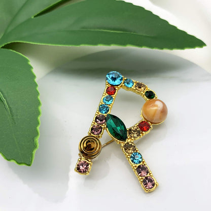 Initial Brooch A to Z 26 English Letters Plated Metal Stone Clear Colorful Crystal Lapel Pin Brooches Collar