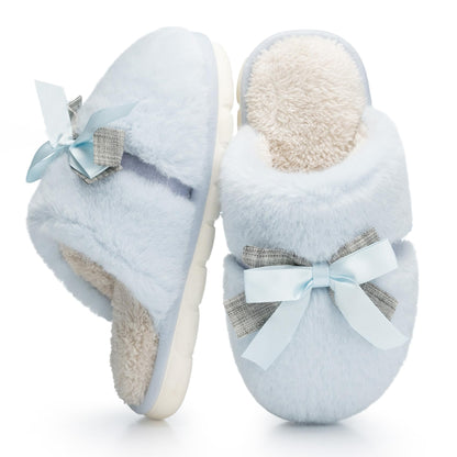 Cute Women's Memory Foam House Slippers - Fuzzy Plush Faux Fur Slippers with Bow Butterfly Tie - Anti-Skid Indoor/Outdoor Gifts for Women, Moms & Ladies