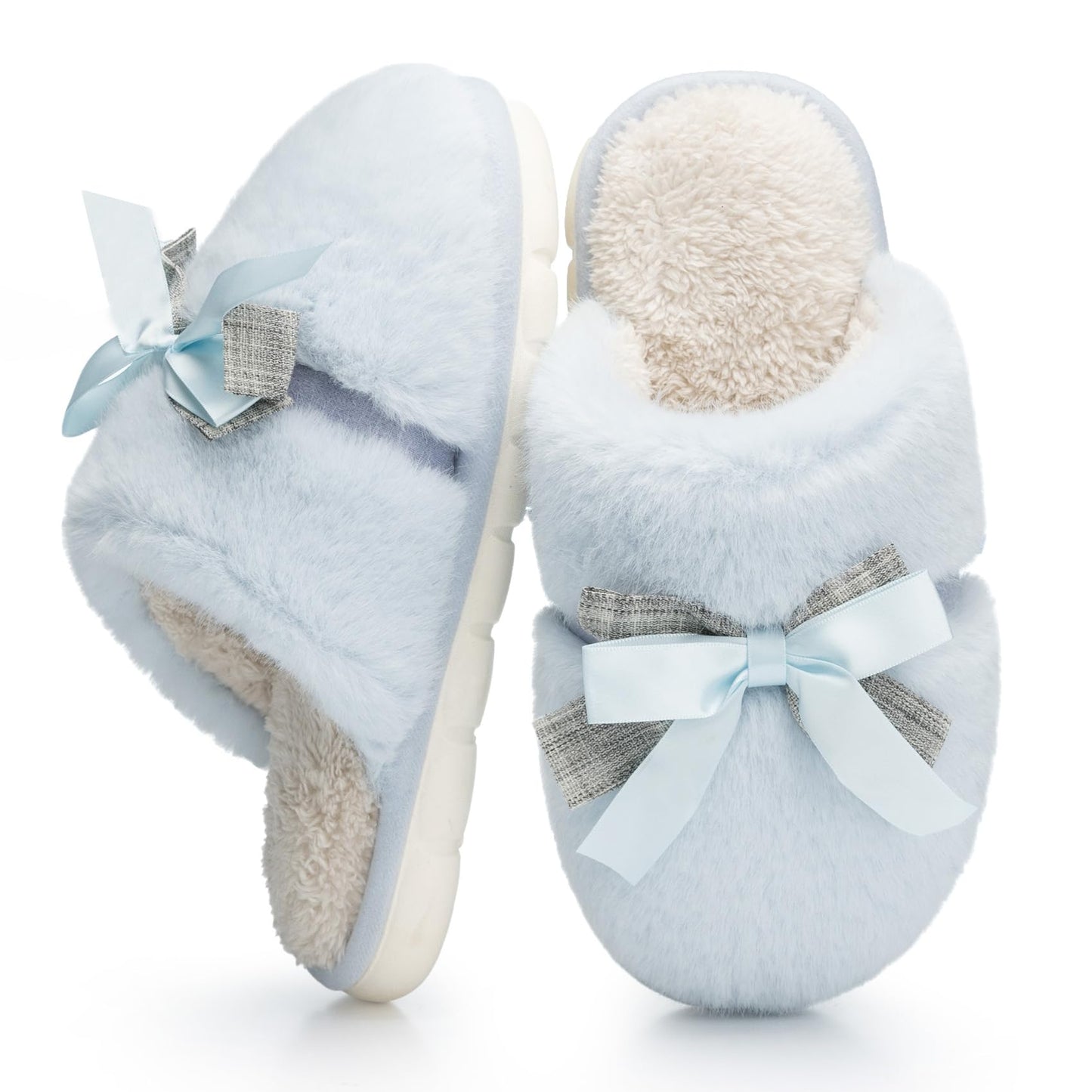 Cute Women's Memory Foam House Slippers - Fuzzy Plush Faux Fur Slippers with Bow Butterfly Tie - Anti-Skid Indoor/Outdoor Gifts for Women, Moms & Ladies