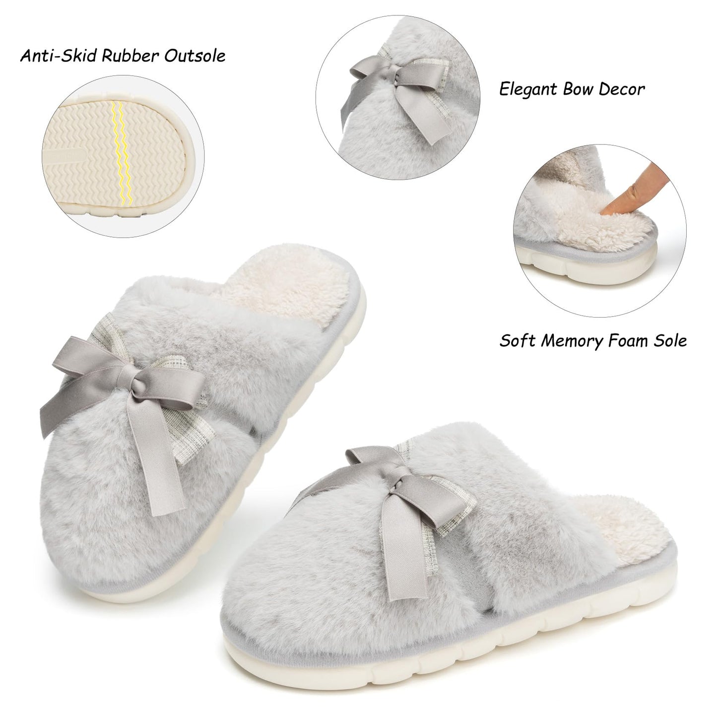 Cute Women's Memory Foam House Slippers - Fuzzy Plush Faux Fur Slippers with Bow Butterfly Tie - Anti-Skid Indoor/Outdoor Gifts for Women, Moms & Ladies