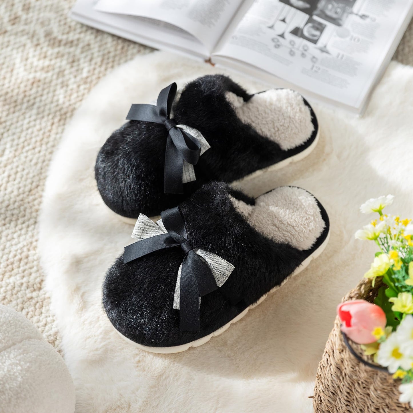 Cute Women's Memory Foam House Slippers - Fuzzy Plush Faux Fur Slippers with Bow Butterfly Tie - Anti-Skid Indoor/Outdoor Gifts for Women, Moms & Ladies