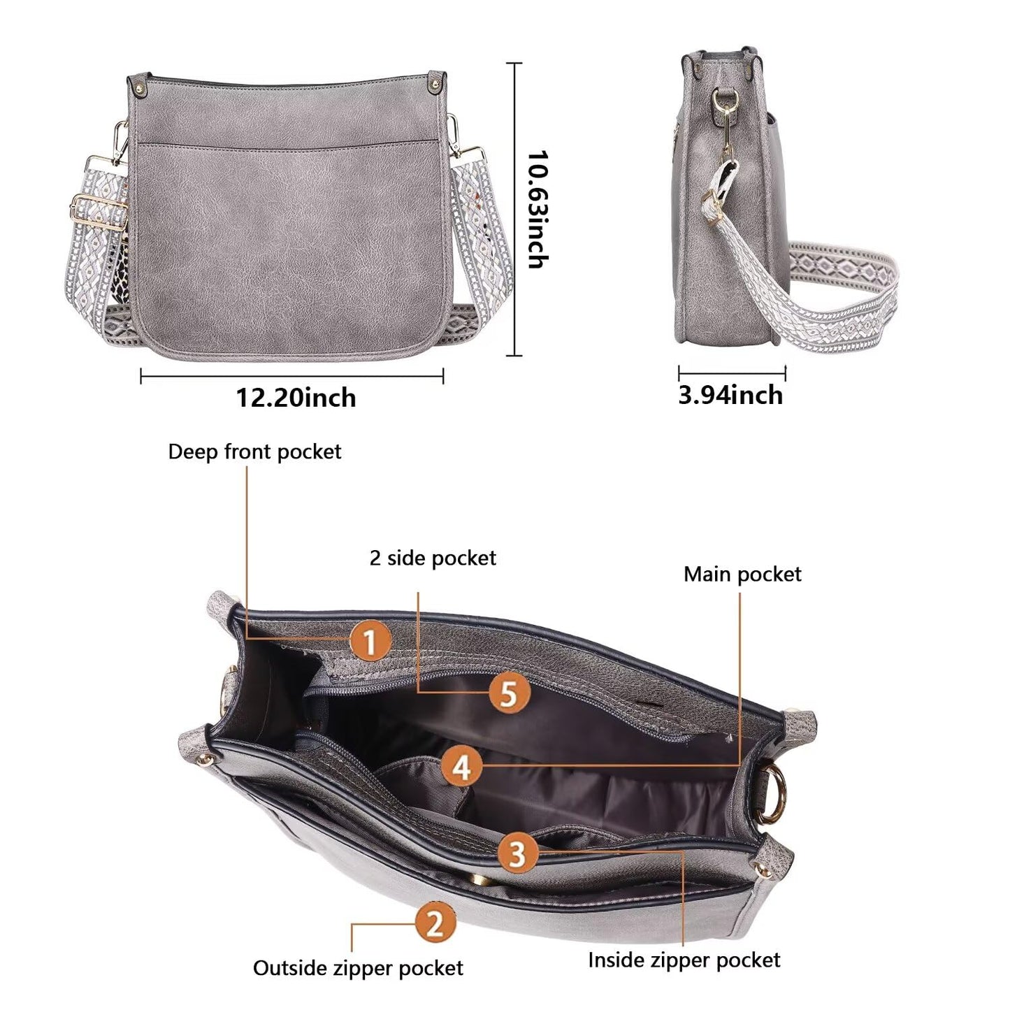 Crossbody Purse with Guitar Strap Zipped Pockets Handbag Shoulder Bag Vegan Leather Crossbody Bags for Women