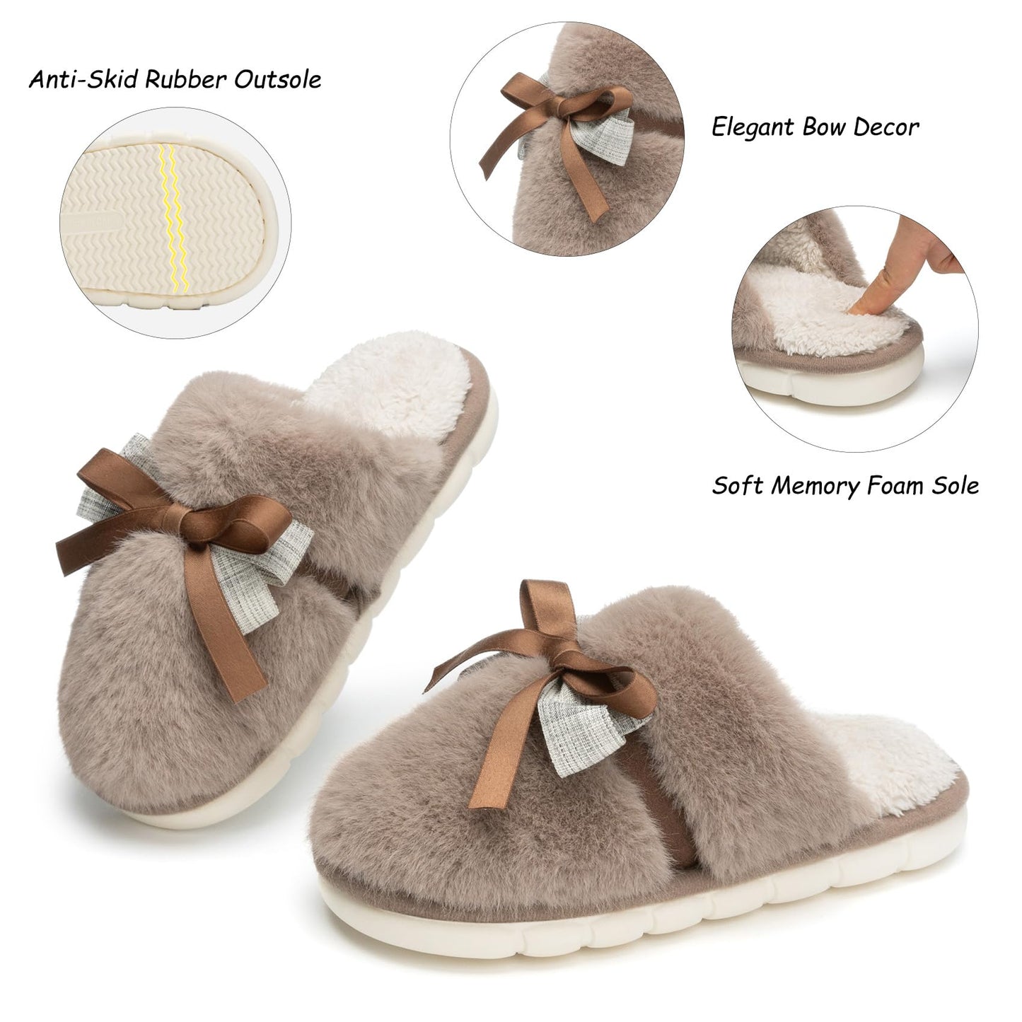 Cute Women's Memory Foam House Slippers - Fuzzy Plush Faux Fur Slippers with Bow Butterfly Tie - Anti-Skid Indoor/Outdoor Gifts for Women, Moms & Ladies