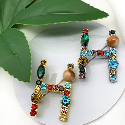 Initial Brooch A to Z 26 English Letters Plated Metal Stone Clear Colorful Crystal Lapel Pin Brooches Collar