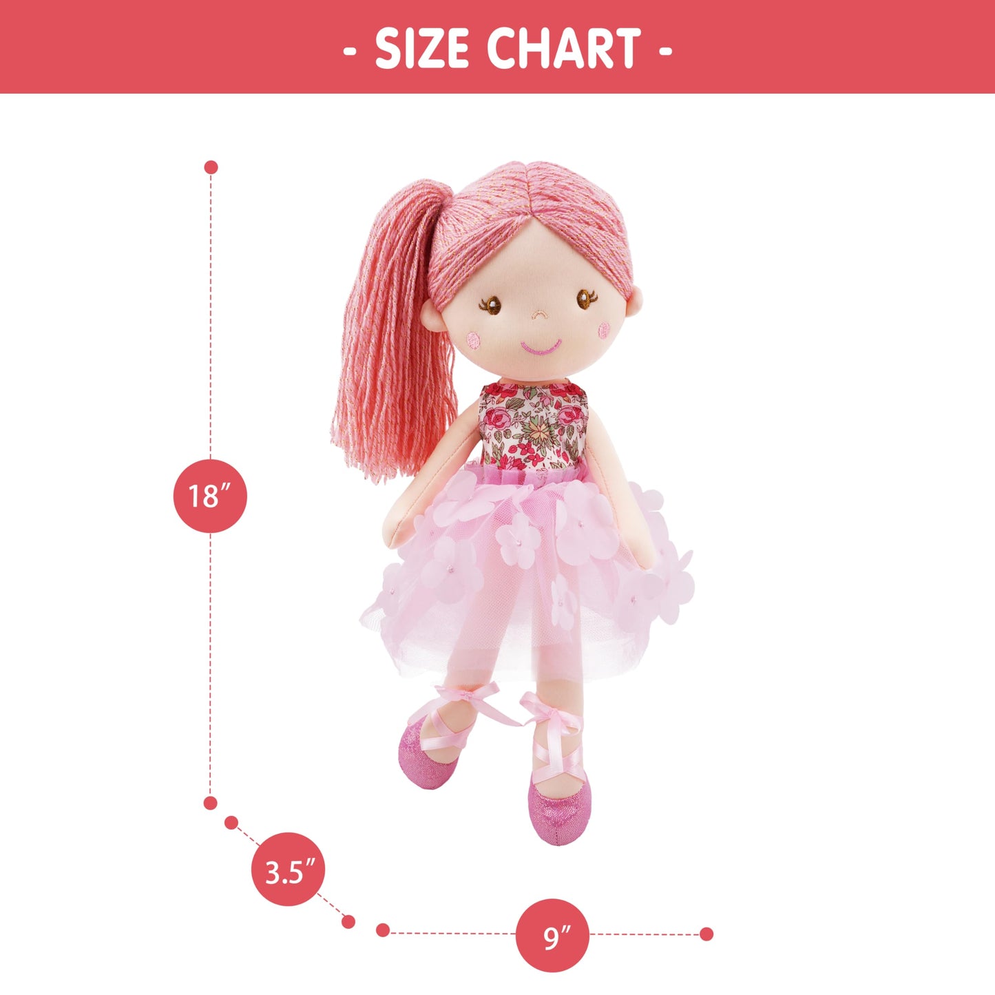 June Garden 18" Ballerina Plush Doll Rosalie - Soft Pink Hair Doll in Floral Dress & Tulle Skirt with Ballet Shoes - Gift for Girls & Toddlers