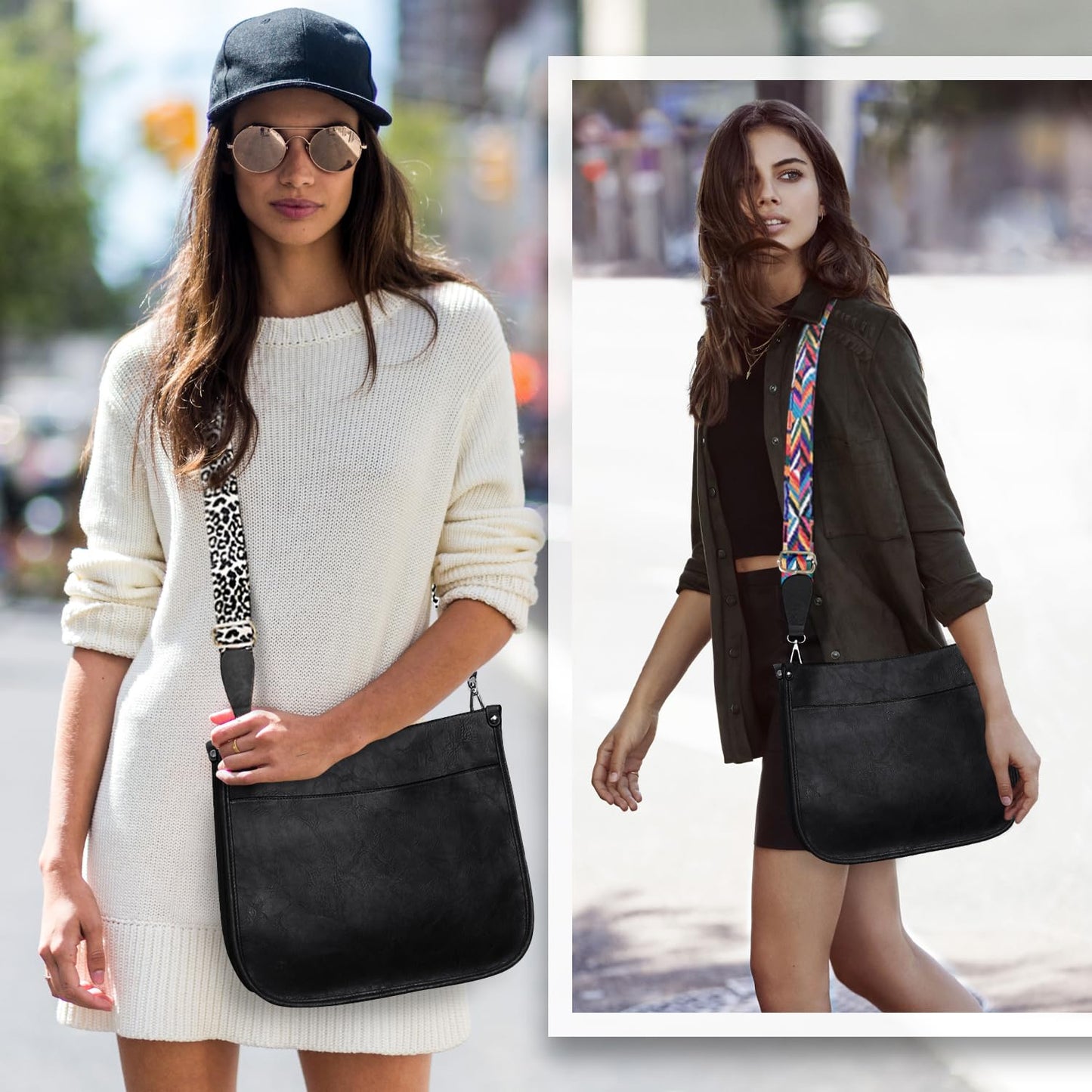 Crossbody Purse with Guitar Strap Zipped Pockets Handbag Shoulder Bag Vegan Leather Crossbody Bags for Women