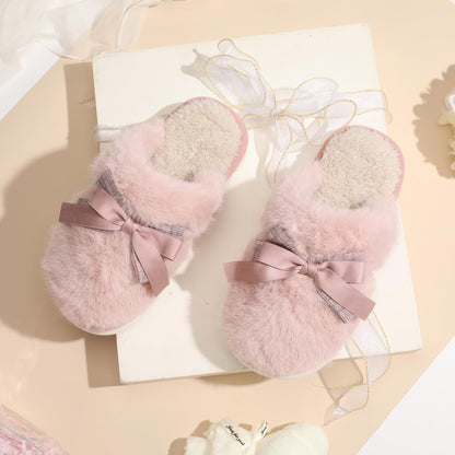 Cute Women's Memory Foam House Slippers - Fuzzy Plush Faux Fur Slippers with Bow Butterfly Tie - Anti-Skid Indoor/Outdoor Gifts for Women, Moms & Ladies