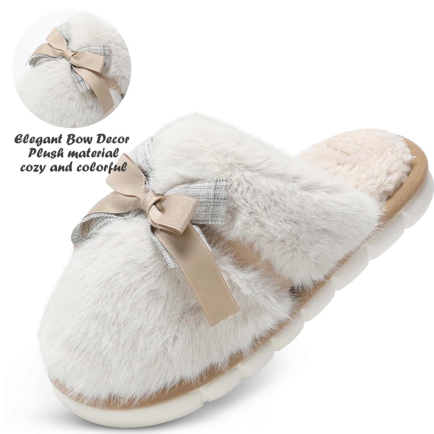 Cute Women's Memory Foam House Slippers - Fuzzy Plush Faux Fur Slippers with Bow Butterfly Tie - Anti-Skid Indoor/Outdoor Gifts for Women, Moms & Ladies