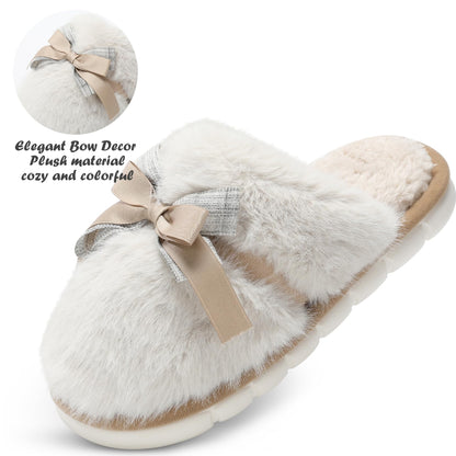 Cute Women's Memory Foam House Slippers - Fuzzy Plush Faux Fur Slippers with Bow Butterfly Tie - Anti-Skid Indoor/Outdoor Gifts for Women, Moms & Ladies
