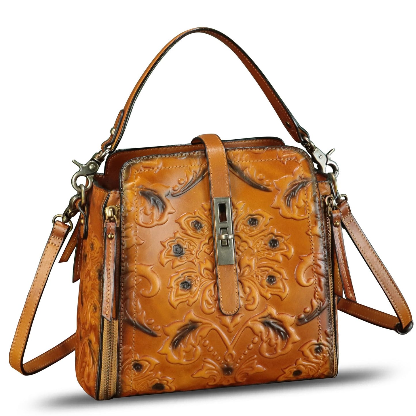 LRTO Genuine Leather Purses and Handbags for Women Retro Embossed Crossbody Shoulder Bag Satchel Pouches