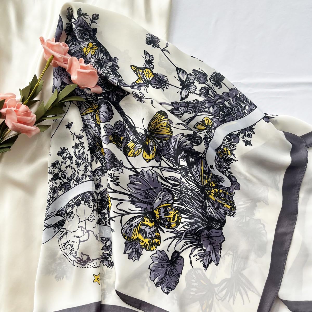 35" Square Mulberry Silk Imitation Head Scarf for Women Satin Large Hair Scarves Neck Scarf