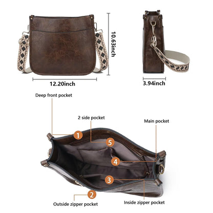Crossbody Purse with Guitar Strap Zipped Pockets Handbag Shoulder Bag Vegan Leather Crossbody Bags for Women