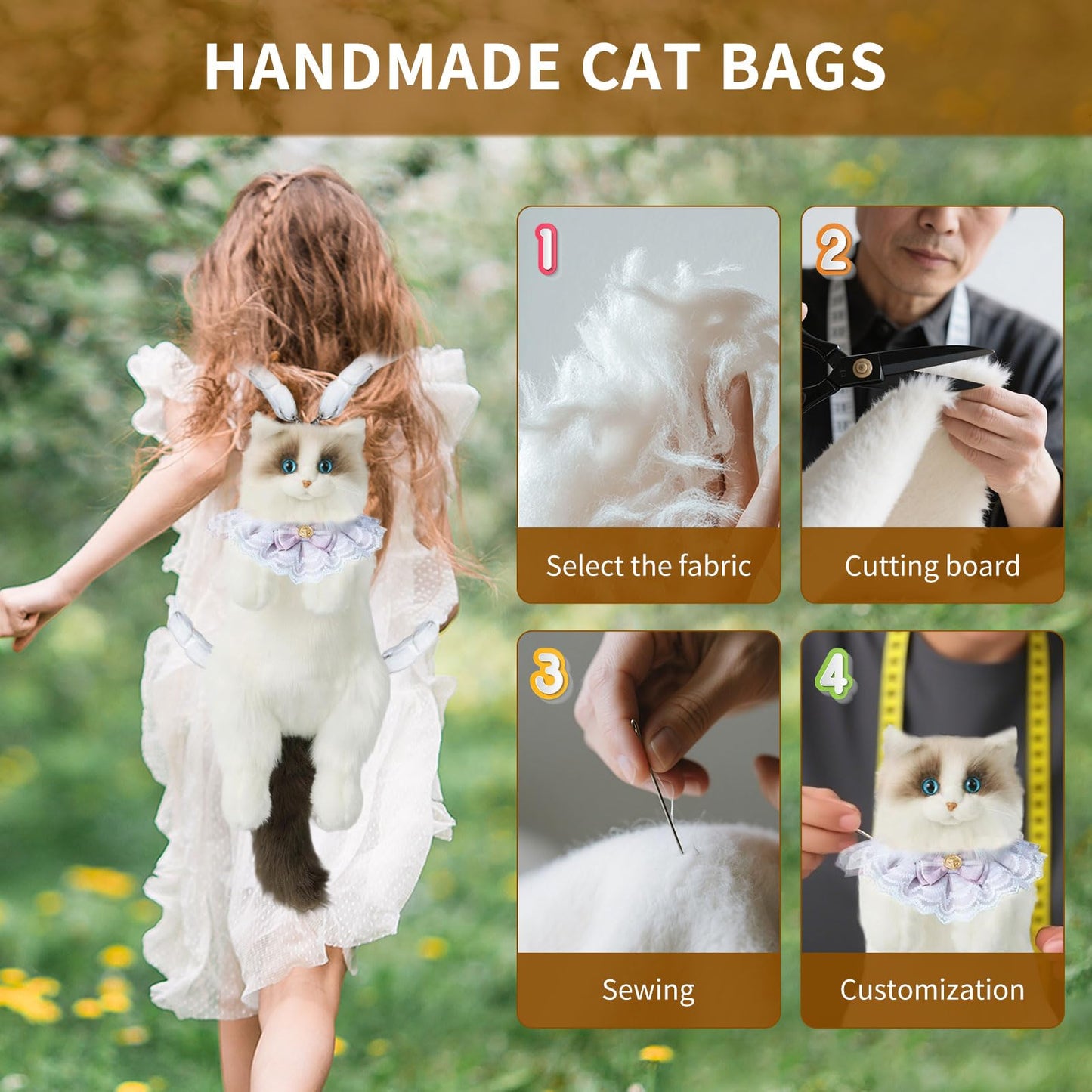 Stuffed Cat Backpack - Cute plush Backpack Toy, Handcrafted Realistic Cat Shaped Backpack, Plush Bag with Adjustable Shoulder, Crossbody, Backpack Straps (White)