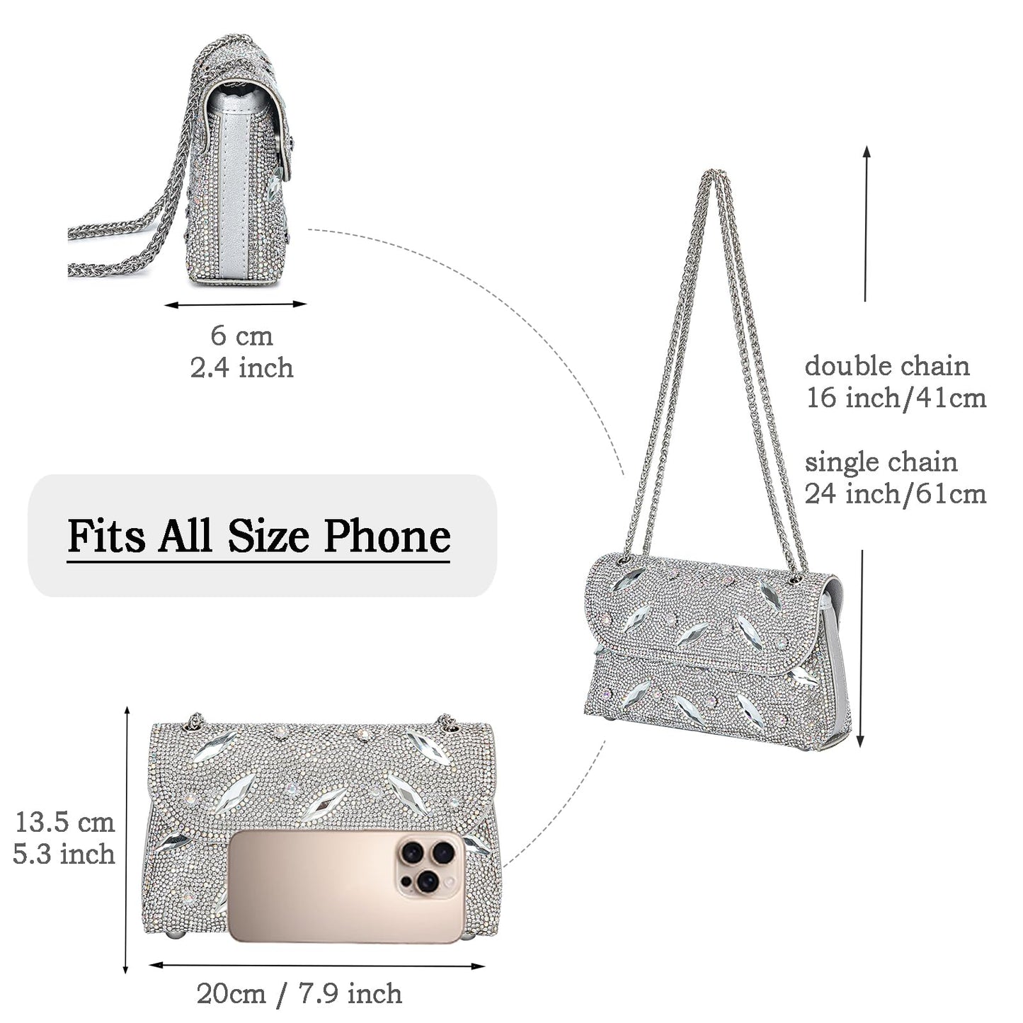 Flower Evening Handbags Chain Strap Square Shoulder Bag Crossbody Bag Crystals Rhinestone Clutch Purse