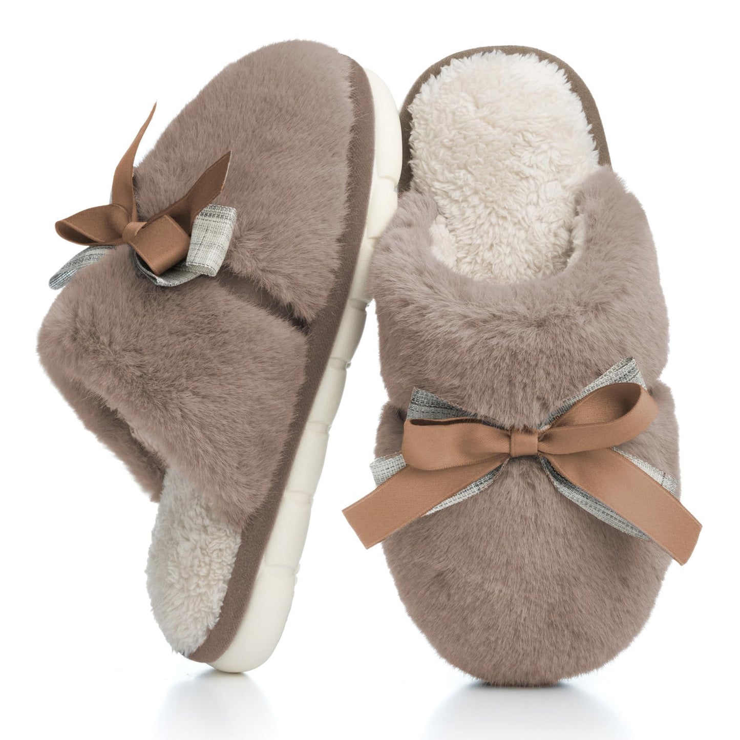 Cute Women's Memory Foam House Slippers - Fuzzy Plush Faux Fur Slippers with Bow Butterfly Tie - Anti-Skid Indoor/Outdoor Gifts for Women, Moms & Ladies