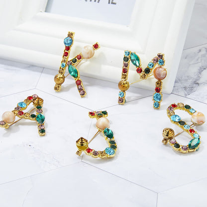 Initial Brooch Crystal Pearl Initial Brooch Gold Plated Enamel Colorful Letter Alphabet Breastpin Pin Jewelry for GIFTS