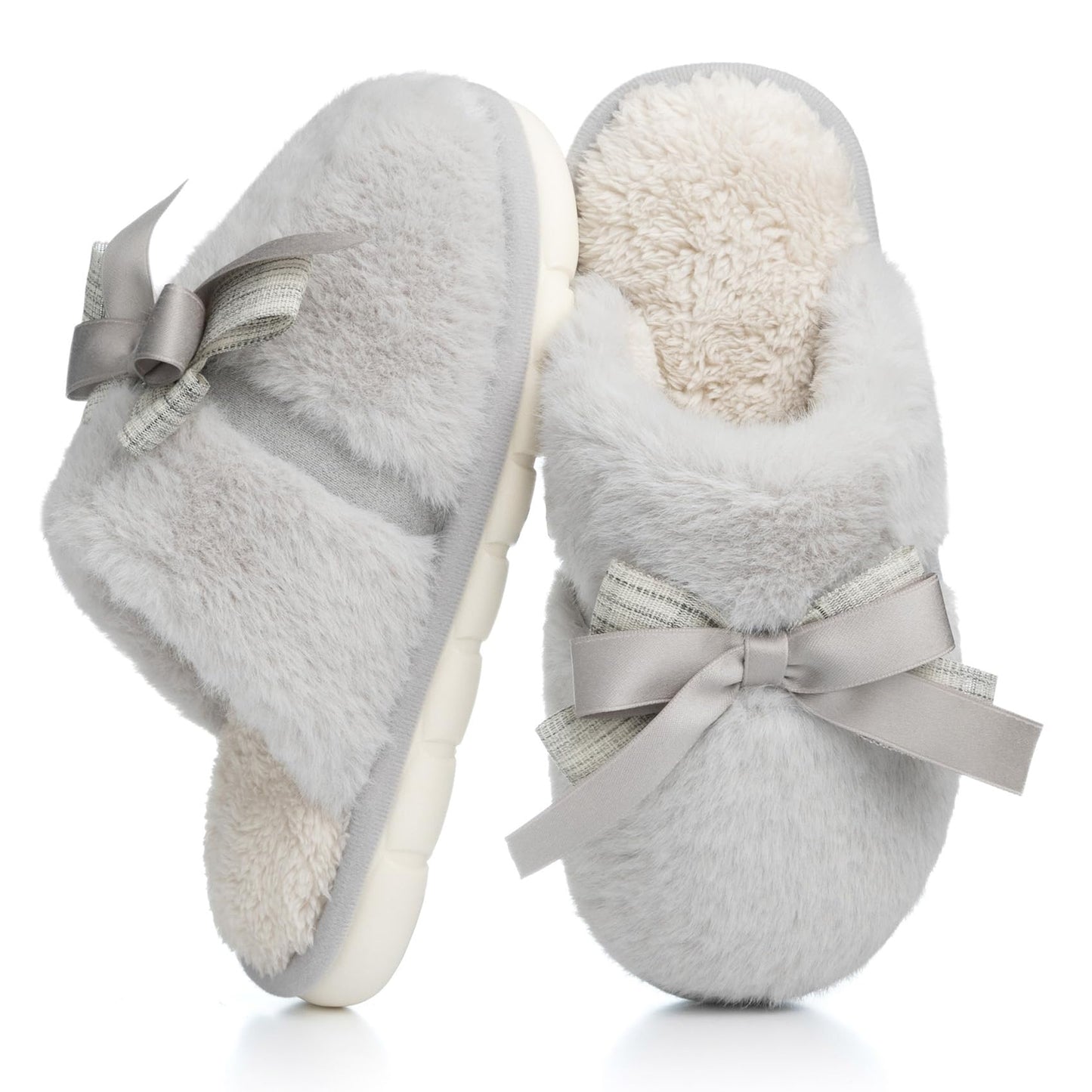 Cute Women's Memory Foam House Slippers - Fuzzy Plush Faux Fur Slippers with Bow Butterfly Tie - Anti-Skid Indoor/Outdoor Gifts for Women, Moms & Ladies