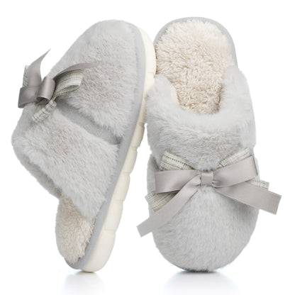Cute Women's Memory Foam House Slippers - Fuzzy Plush Faux Fur Slippers with Bow Butterfly Tie - Anti-Skid Indoor/Outdoor Gifts for Women, Moms & Ladies