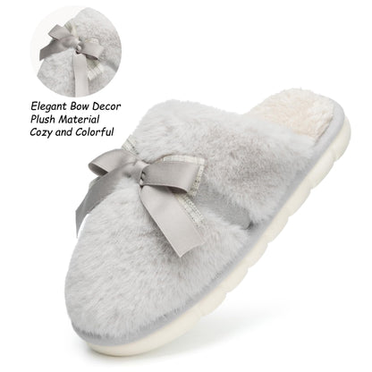 Cute Women's Memory Foam House Slippers - Fuzzy Plush Faux Fur Slippers with Bow Butterfly Tie - Anti-Skid Indoor/Outdoor Gifts for Women, Moms & Ladies