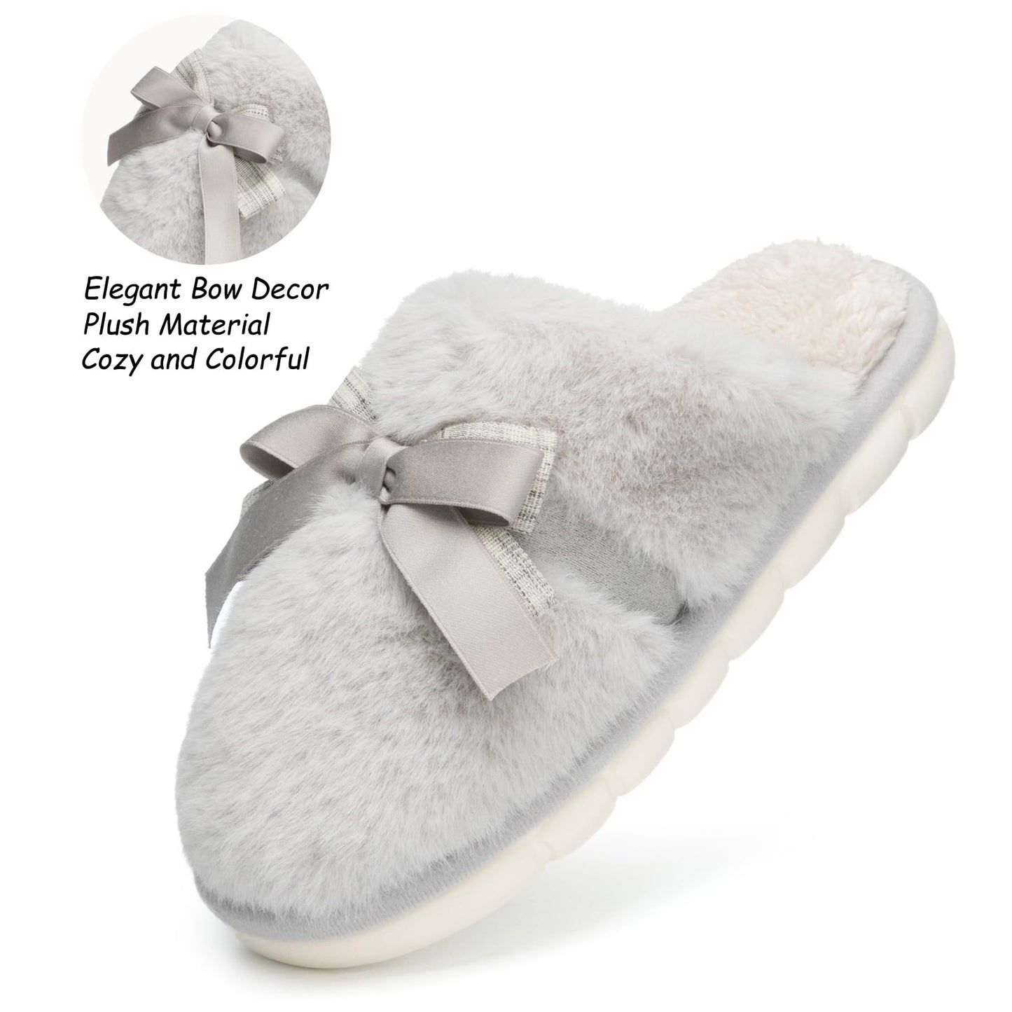 Cute Women's Memory Foam House Slippers - Fuzzy Plush Faux Fur Slippers with Bow Butterfly Tie - Anti-Skid Indoor/Outdoor Gifts for Women, Moms & Ladies
