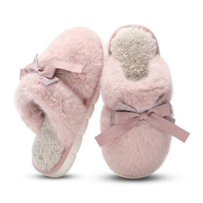 Cute Women's Memory Foam House Slippers - Fuzzy Plush Faux Fur Slippers with Bow Butterfly Tie - Anti-Skid Indoor/Outdoor Gifts for Women, Moms & Ladies