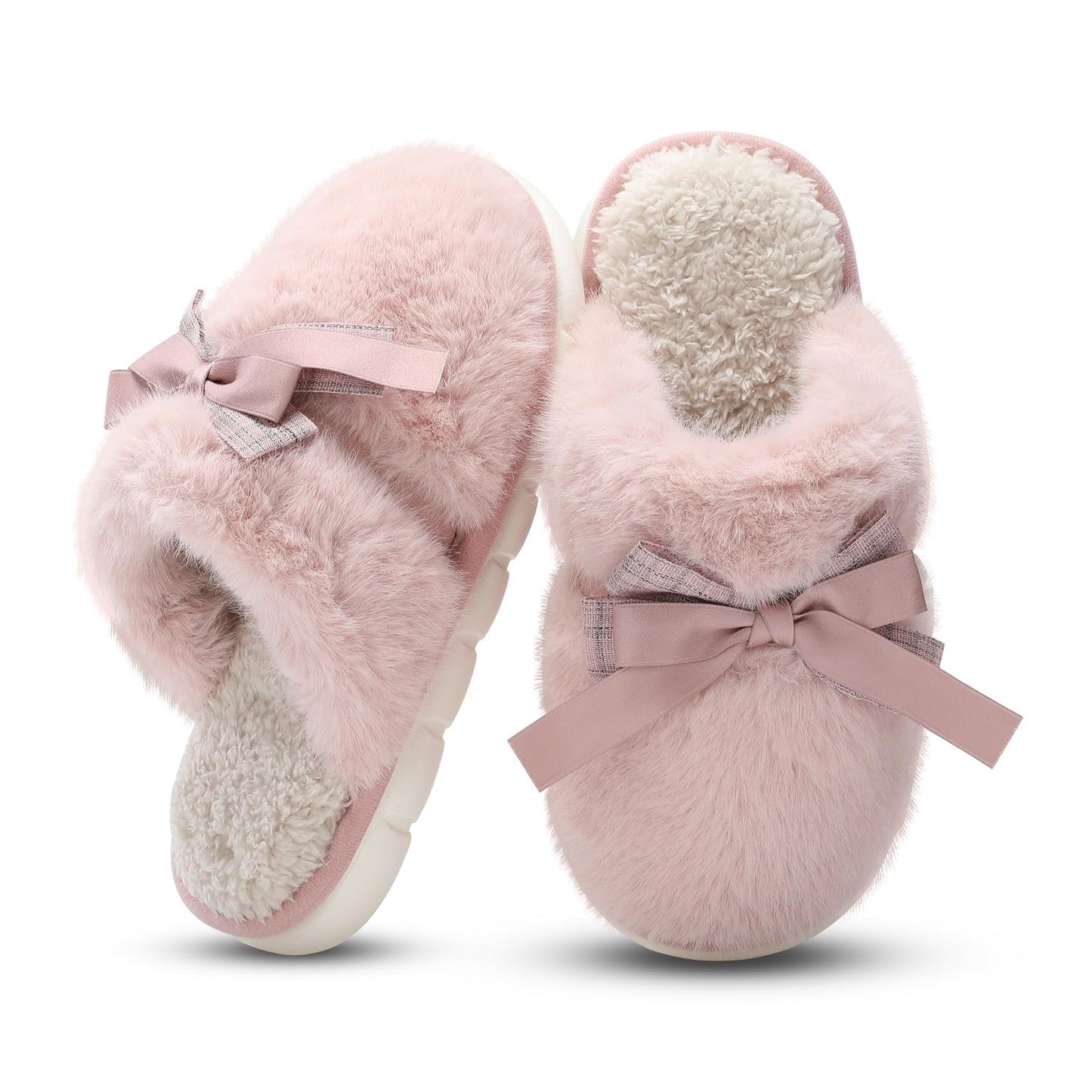 Cute Women's Memory Foam House Slippers - Fuzzy Plush Faux Fur Slippers with Bow Butterfly Tie - Anti-Skid Indoor/Outdoor Gifts for Women, Moms & Ladies