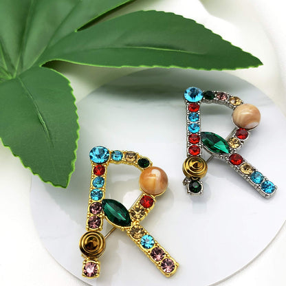 Initial Brooch A to Z 26 English Letters Plated Metal Stone Clear Colorful Crystal Lapel Pin Brooches Collar