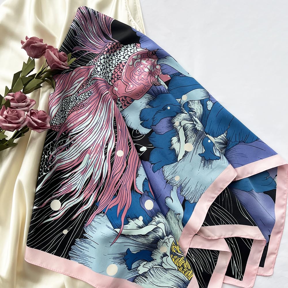 35" Square Mulberry Silk Imitation Head Scarf for Women Satin Large Hair Scarves Neck Scarf