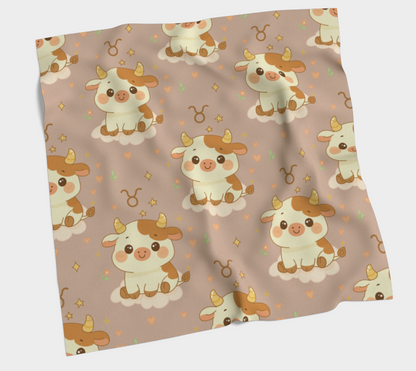 Flannel fabric with cartoon cow pattern on a beige background