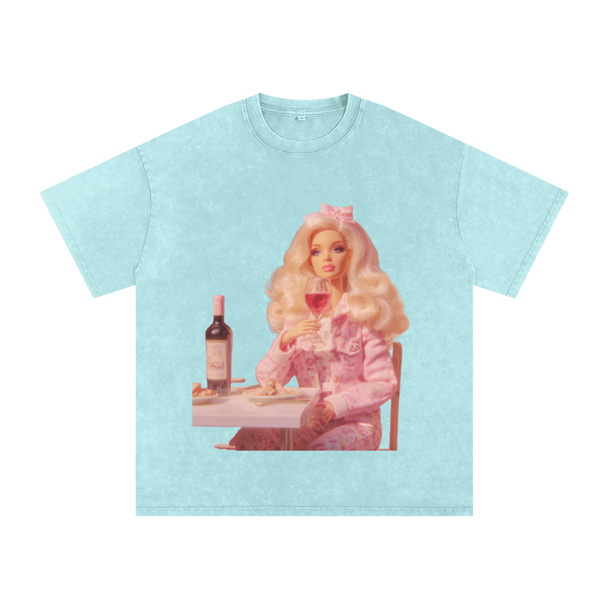 Funny Barbie with a Wine Glass Snow Washed Oversized Cotton T-Shirt