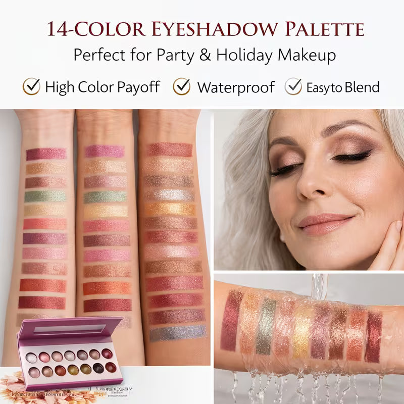 14-Color Metallic Eyeshadow Palette Nude Rose Golden Bronze Blendable Shimmer Shades
