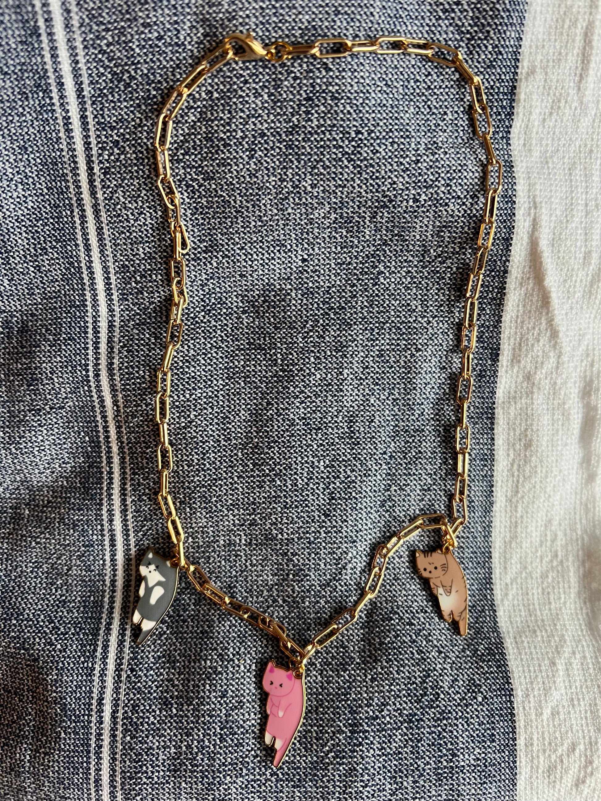 Cute handmade gold chain necklace with cat pendants