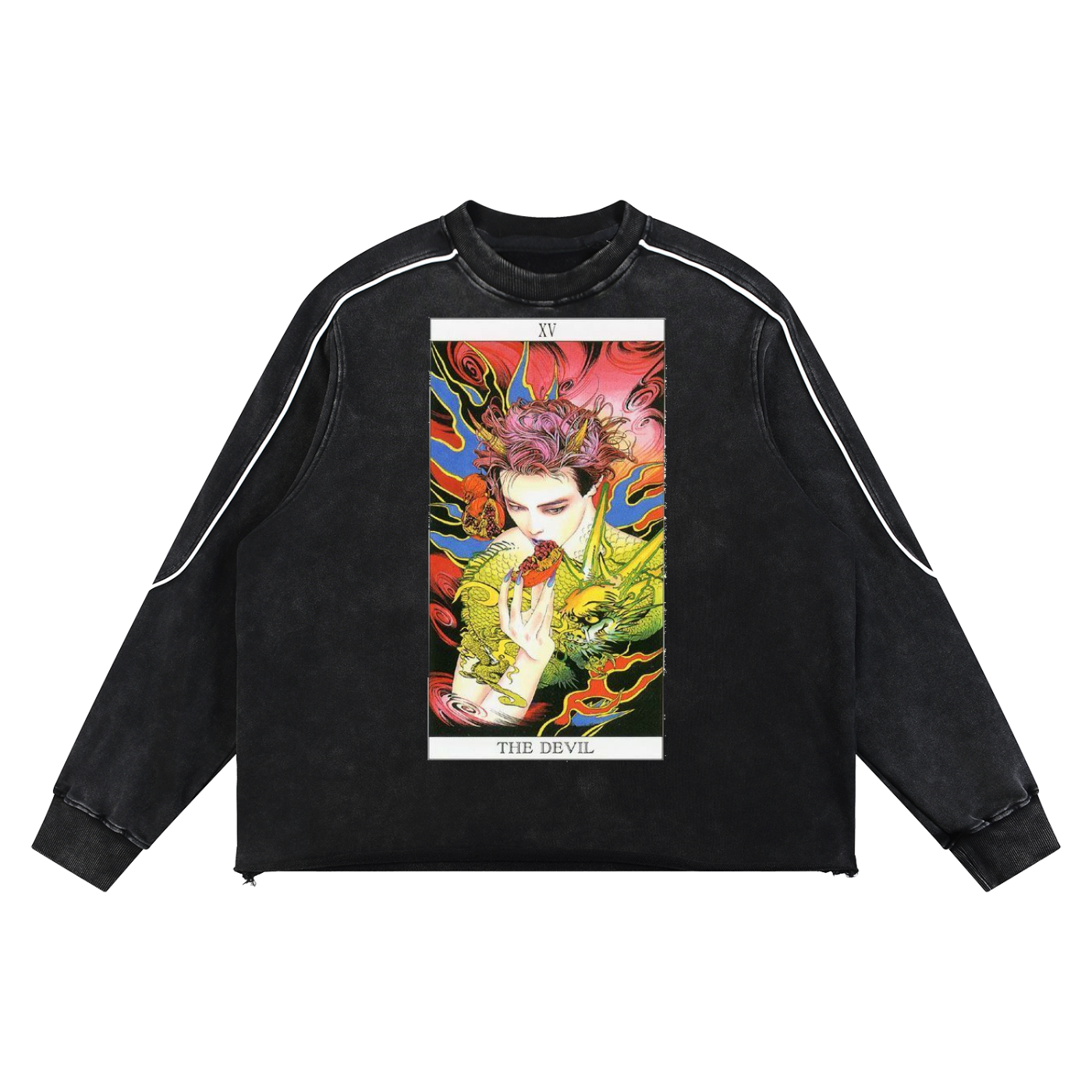 Unisex Mineral Wash Piping Raw Hem Sweatshirt with The Devil Tarot Card Print
