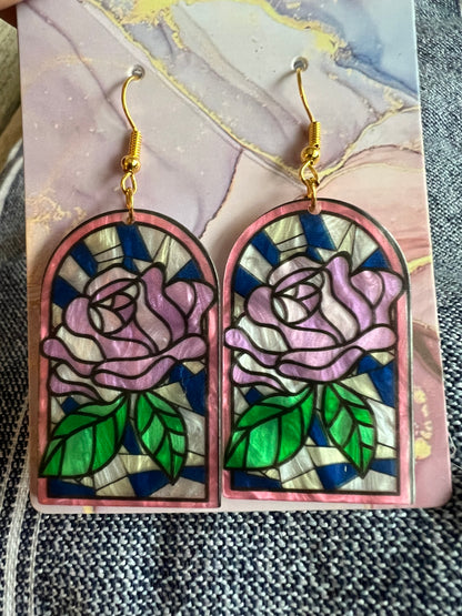 Lilac rose mother of pearl mosaic retro earrings