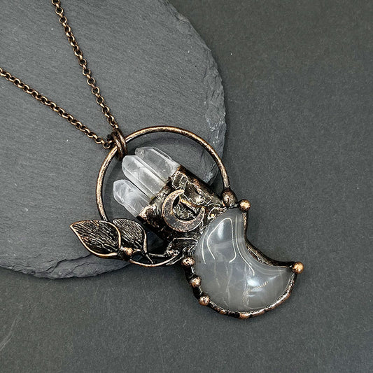 Clear Crystal Moon Plant Shape Pendant Gemstone Necklace
