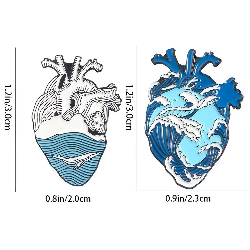 Heart art enamel pin with ocean details size