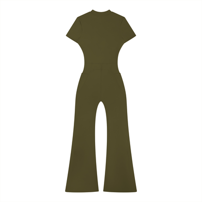 Women’s Tight Fit Flared Leg Quarter-Zip Jumpsuit Y2K Inspired Pixel Art