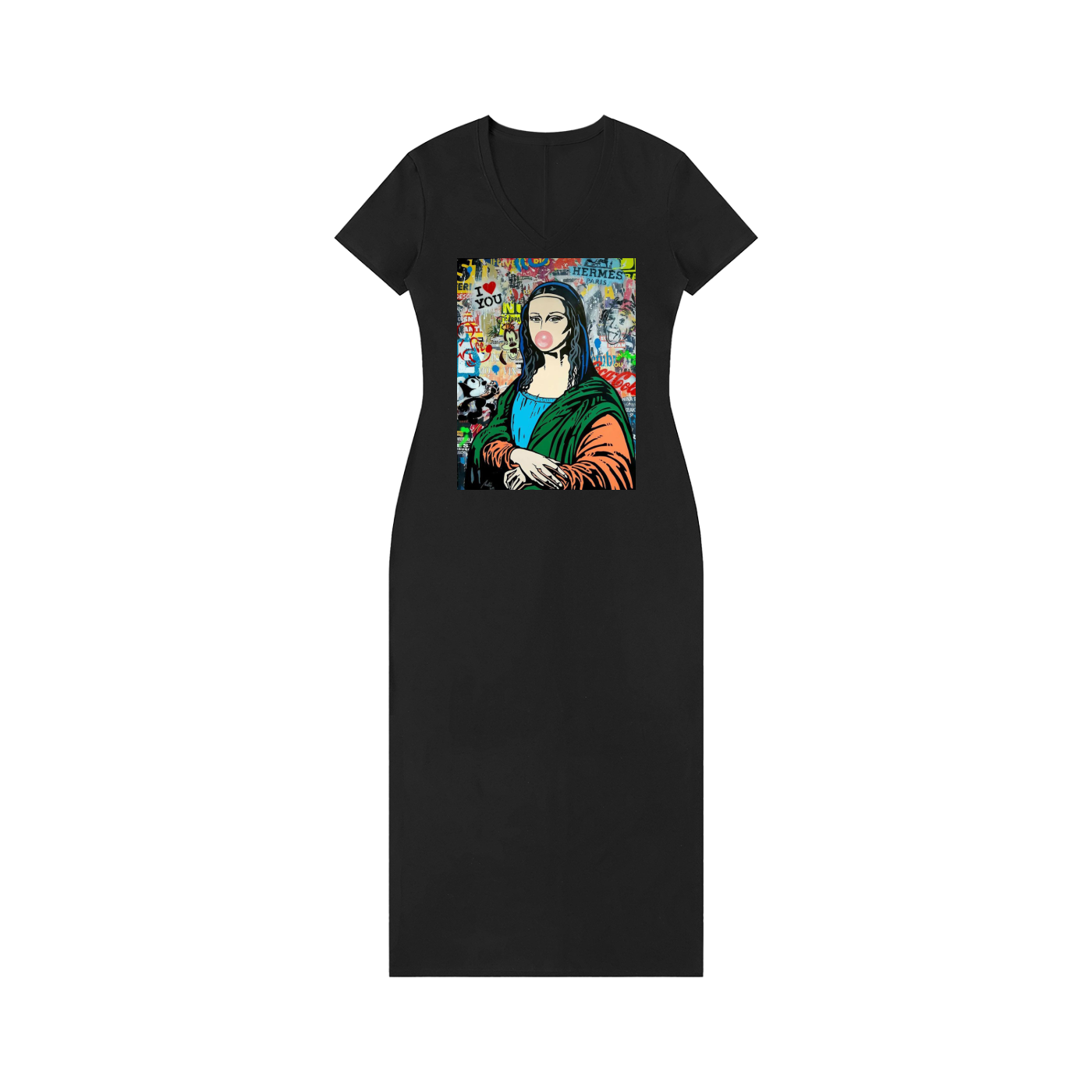Women's V-Neck Short Sleeve Maxi Dress with Mona Lisa Art Print