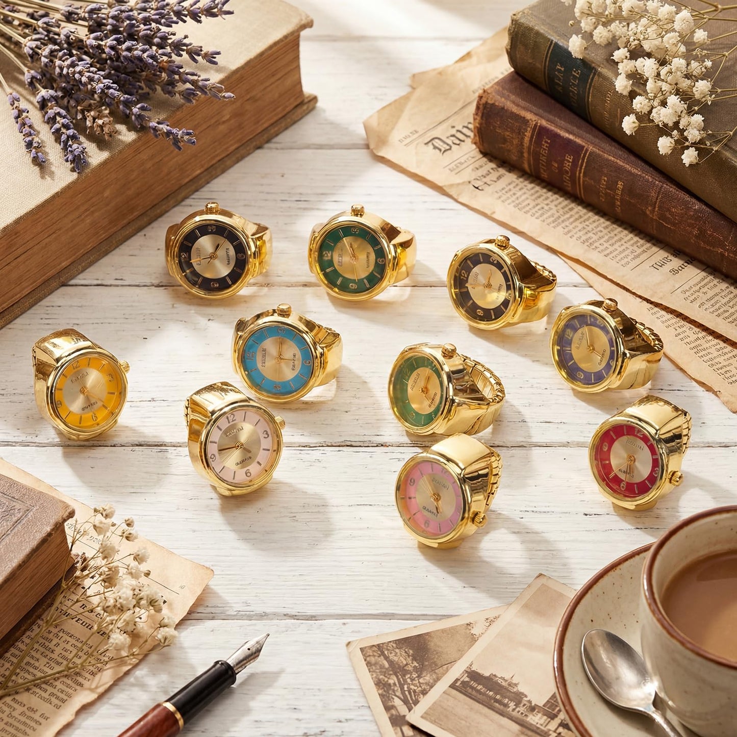 Landical 10 Pcs Finger Watches for Women Men Adjustable Clock Rings Bulk Creative Elastic Round Quartz Finger Watches