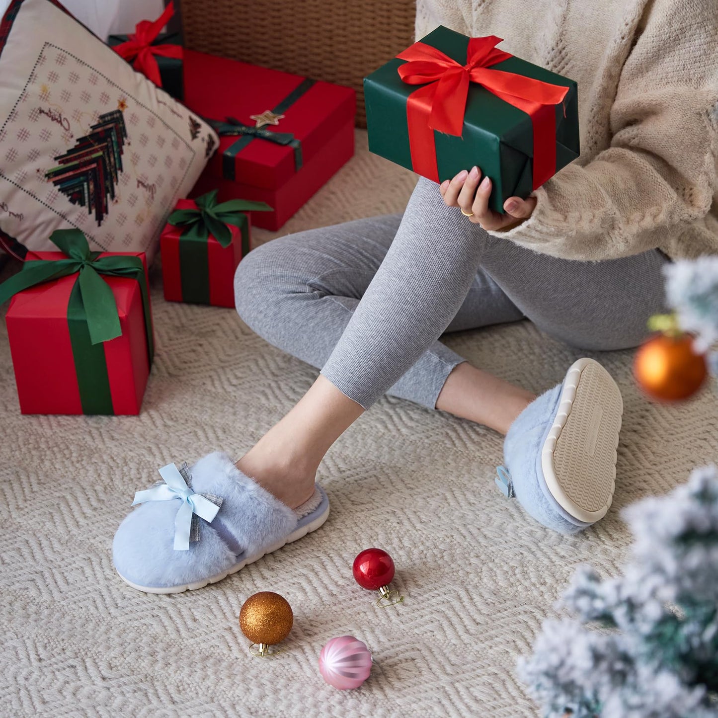 Cute Women's Memory Foam House Slippers - Fuzzy Plush Faux Fur Slippers with Bow Butterfly Tie - Anti-Skid Indoor/Outdoor Gifts for Women, Moms & Ladies
