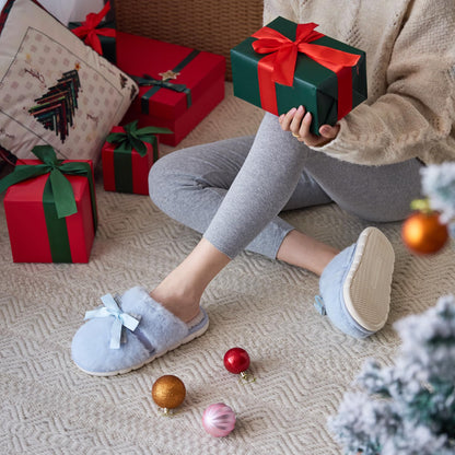 Cute Women's Memory Foam House Slippers - Fuzzy Plush Faux Fur Slippers with Bow Butterfly Tie - Anti-Skid Indoor/Outdoor Gifts for Women, Moms & Ladies