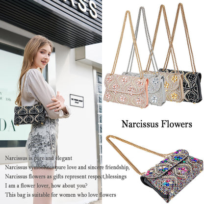 Flower Evening Handbags Chain Strap Square Shoulder Bag Crossbody Bag Crystals Rhinestone Clutch Purse