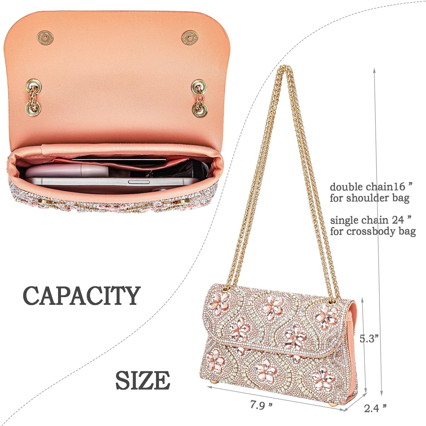 Flower Evening Handbags Chain Strap Square Shoulder Bag Crossbody Bag Crystals Rhinestone Clutch Purse