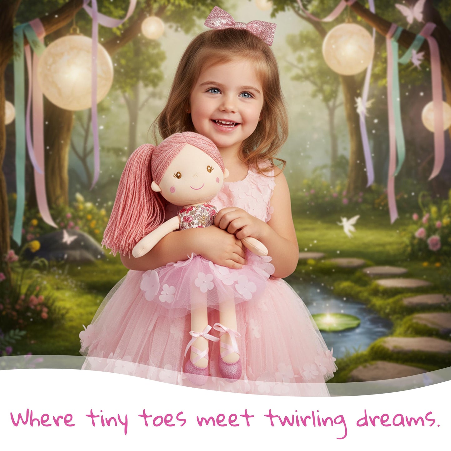 June Garden 18" Ballerina Plush Doll Rosalie - Soft Pink Hair Doll in Floral Dress & Tulle Skirt with Ballet Shoes - Gift for Girls & Toddlers