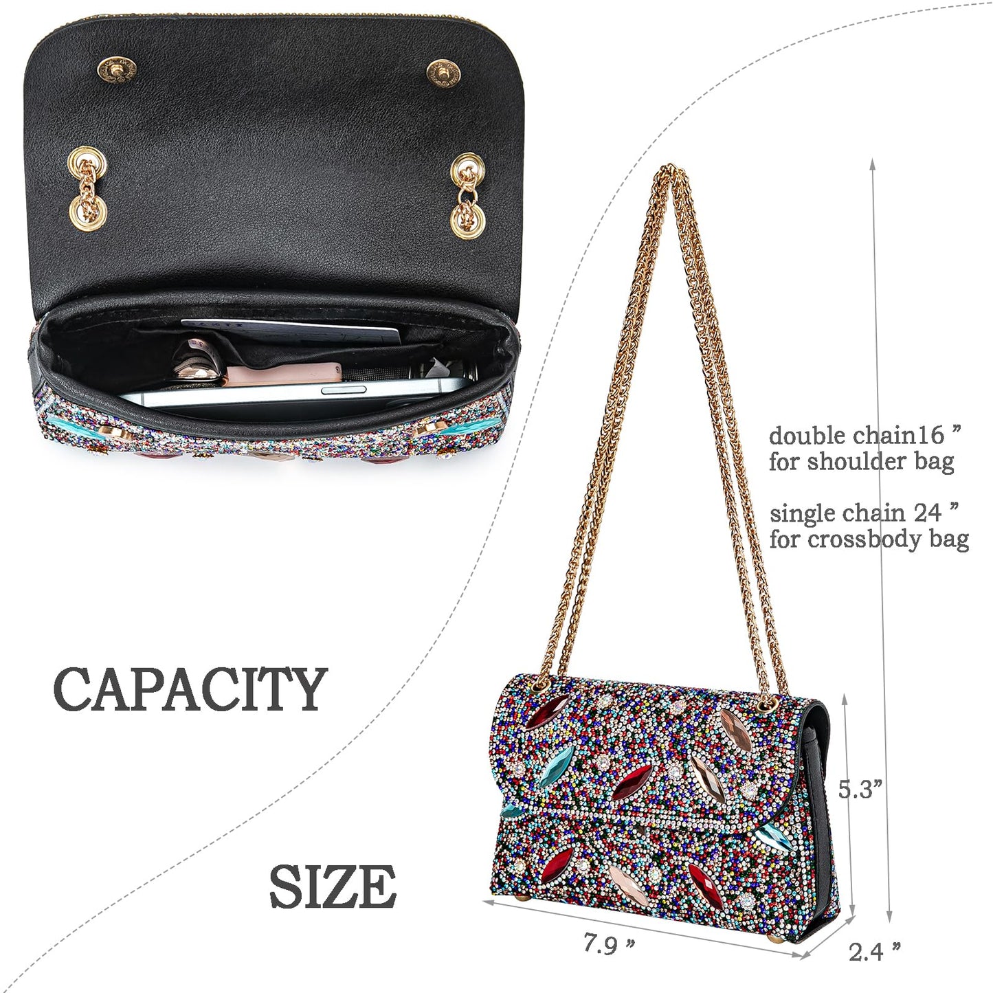 Flower Evening Handbags Chain Strap Square Shoulder Bag Crossbody Bag Crystals Rhinestone Clutch Purse